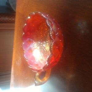 Imperial Marigold Carnival Glass Quilted Pansy Flowers Nappy Candy Dish
